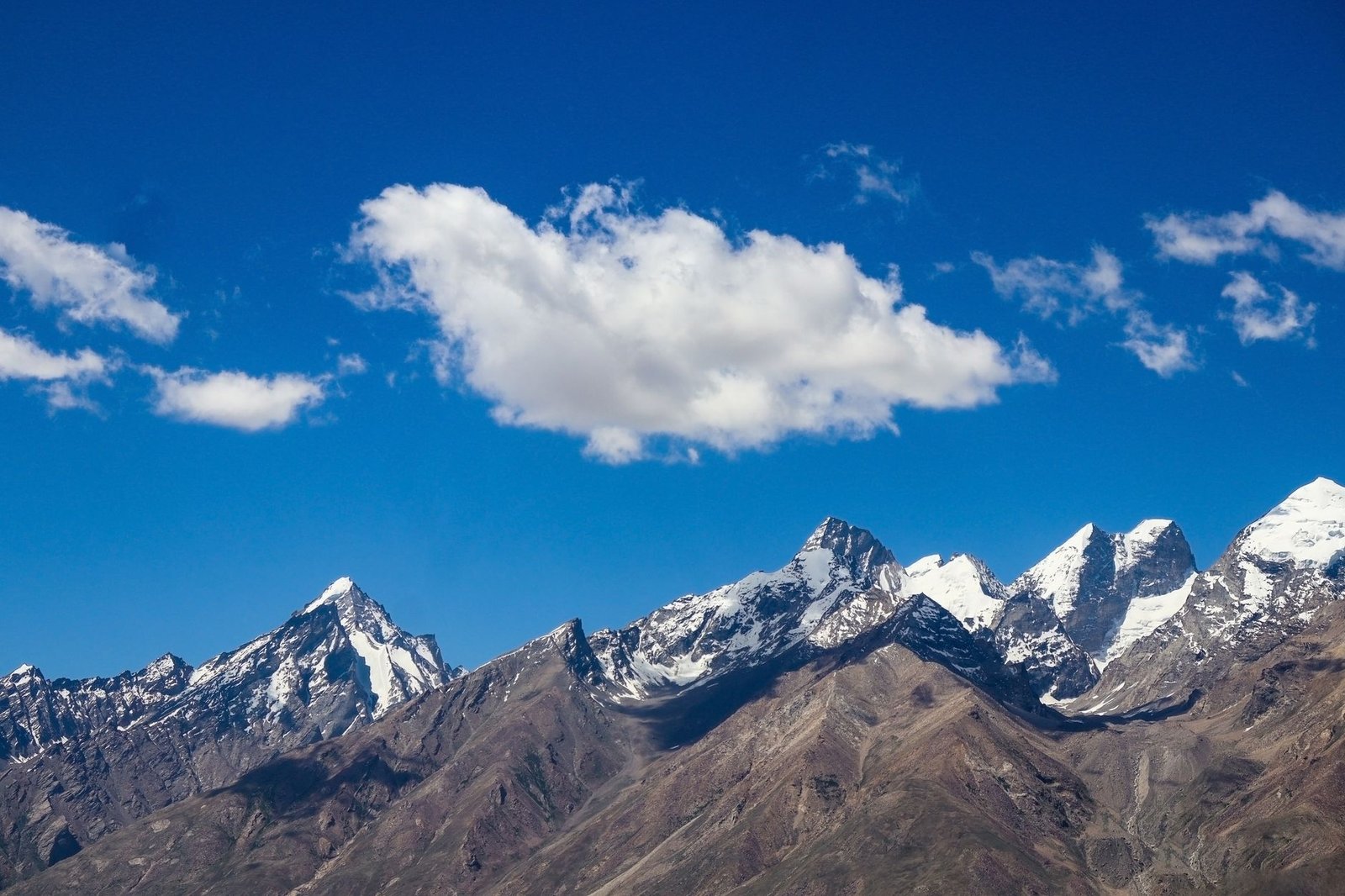 Breathtaking view of snow-capped peaks under a clear blue sky in Zanskar Sumdo, India.