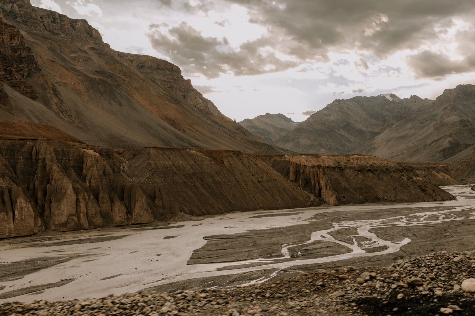 Dramatic mountain landscape in Spiti Valley with a river winding through the rugged terrain.
