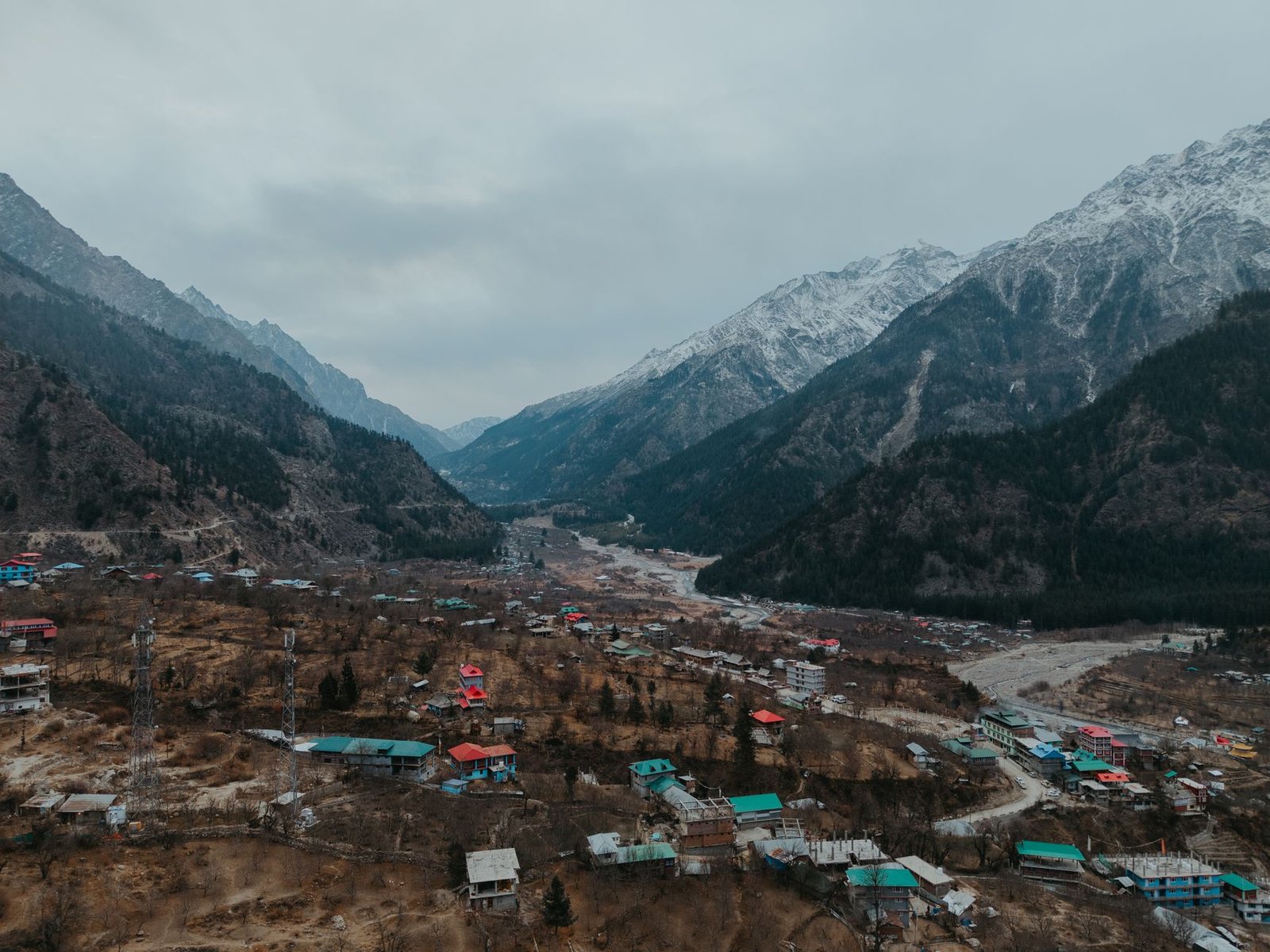 Stunning aerial shot of Marango Rangarik village nestled in the Himalayan mountains, Himachal Pradesh, India.
