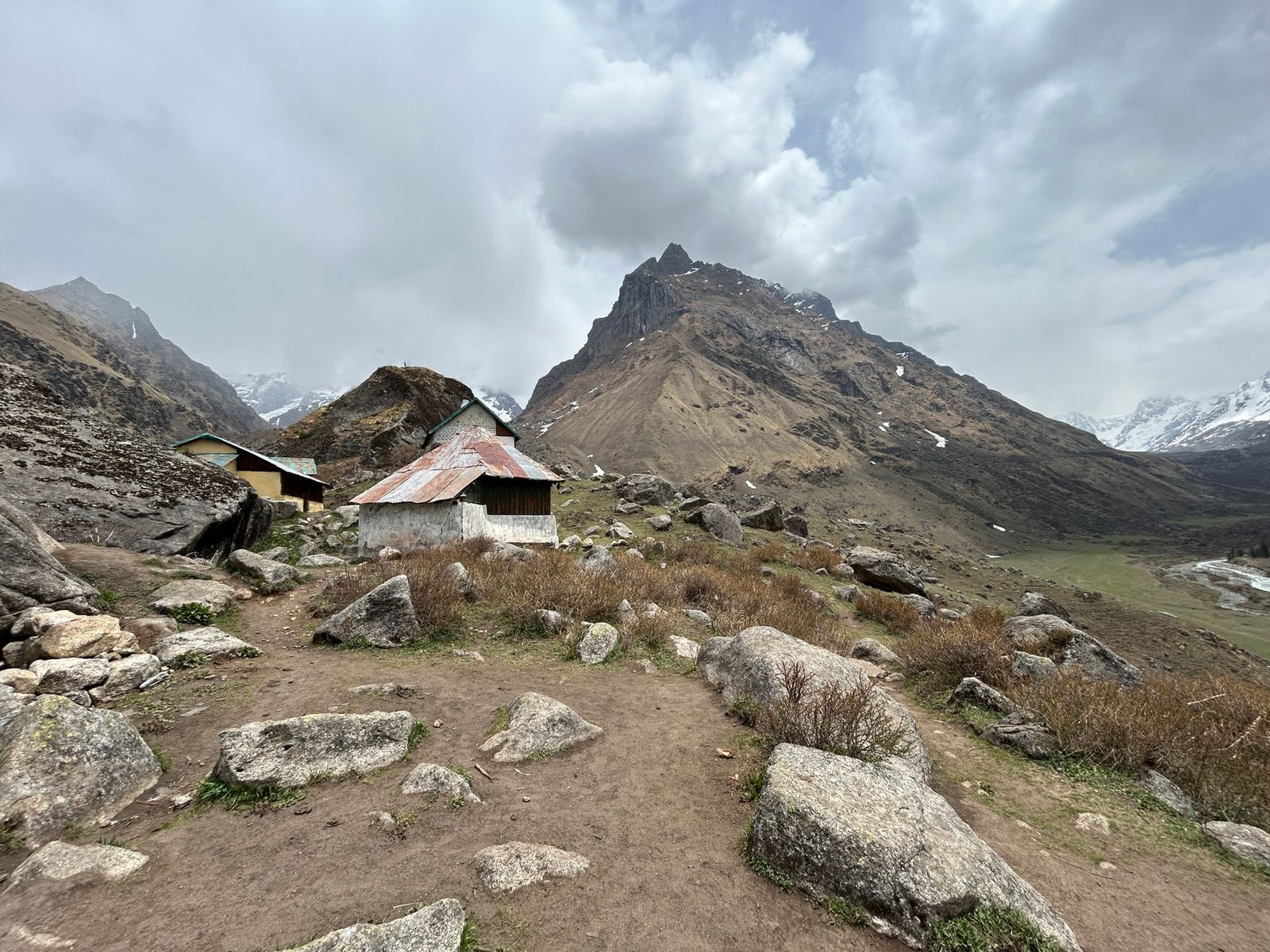 A scenic mountainous landscape with rustic huts and rocky terrain under cloudy sky in Himachal Pradesh.