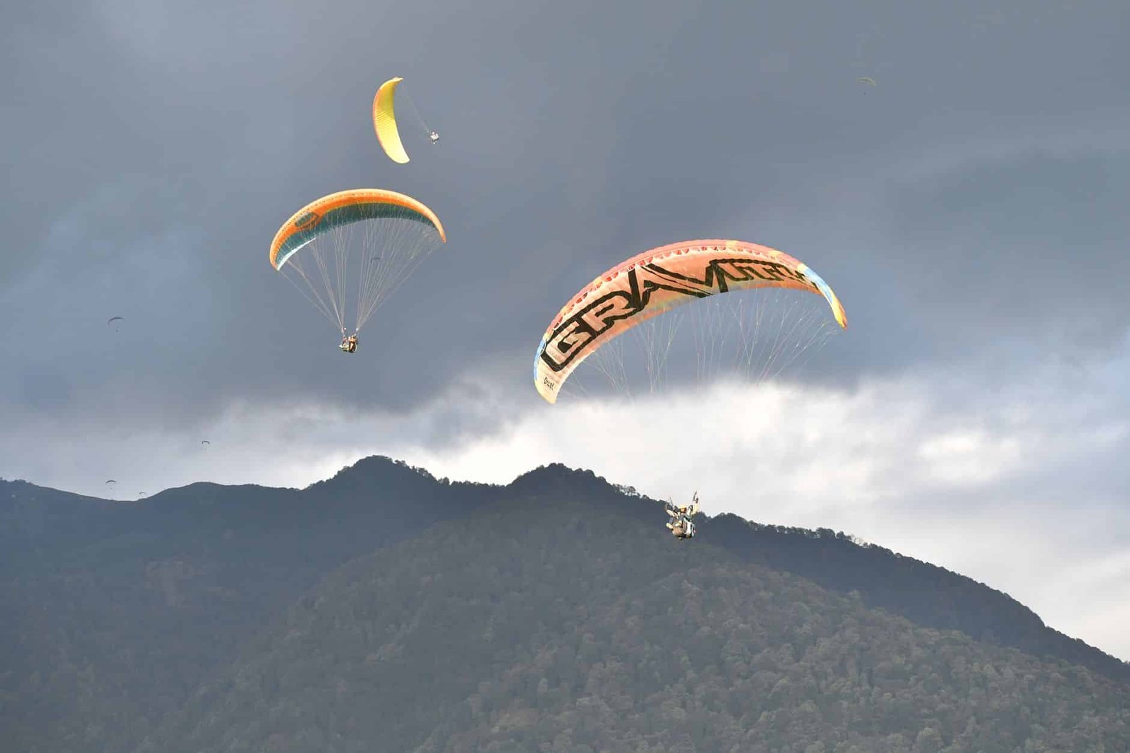 Experience the thrill of paragliding over scenic mountains in Bir, Himachal Pradesh, India.