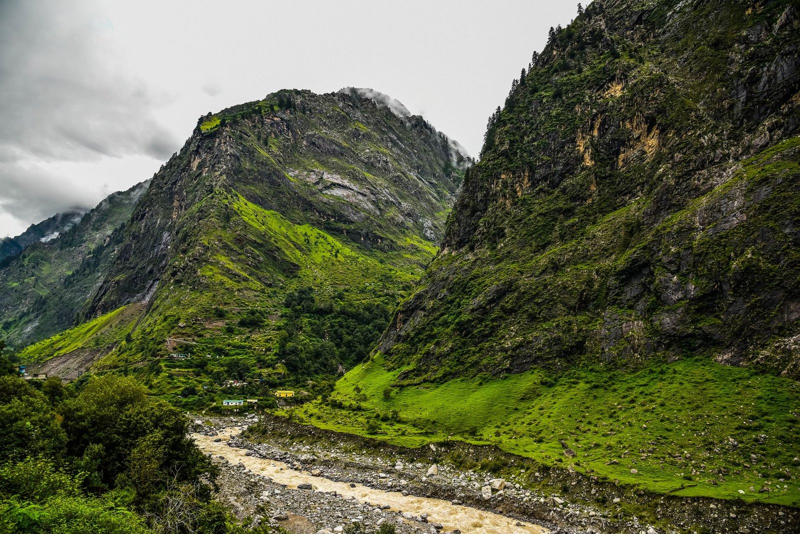 Lush green valley with towering mountains in Himachal Pradesh, India.